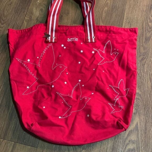 Y2k aerie‎ red bird tote purse red canvas bag embroidered stars - Picture 1 of 9